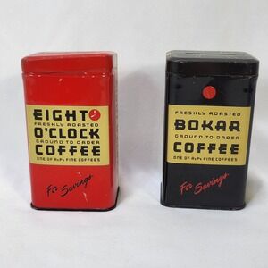 Vintage A&P Eight O'Clock & Bokar Coffee Tin Coin Banks Red Black Set of 2